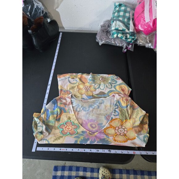 Womens Sequin Embellished Floral Mesh Top Size Medium Y2K Fairy Groovy Art Sheer - Picture 9 of 11